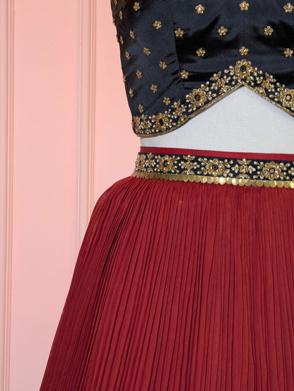 Midnight Black &amp; Maroon Crop top Skirt