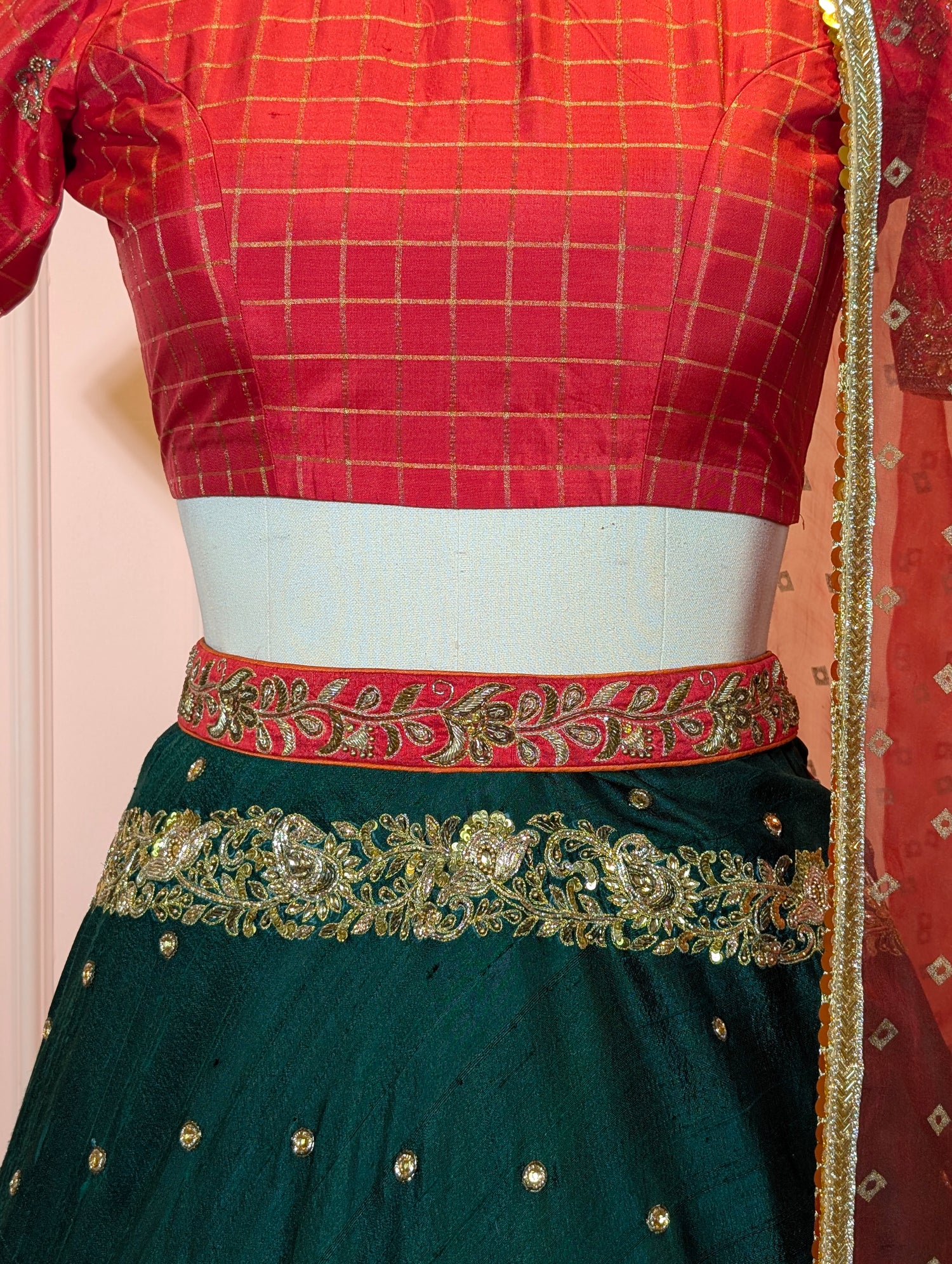 Emerald Green &amp; Red Heavy Embroidered Lehanga Set