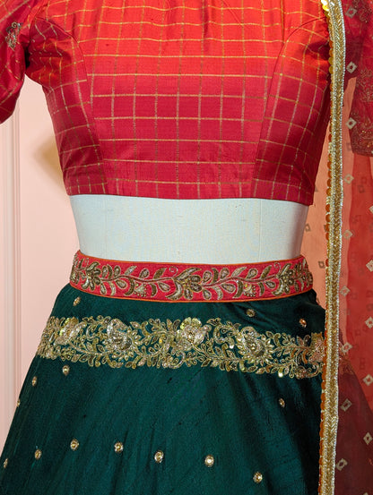 Emerald Green &amp; Red Heavy Embroidered Lehanga Set