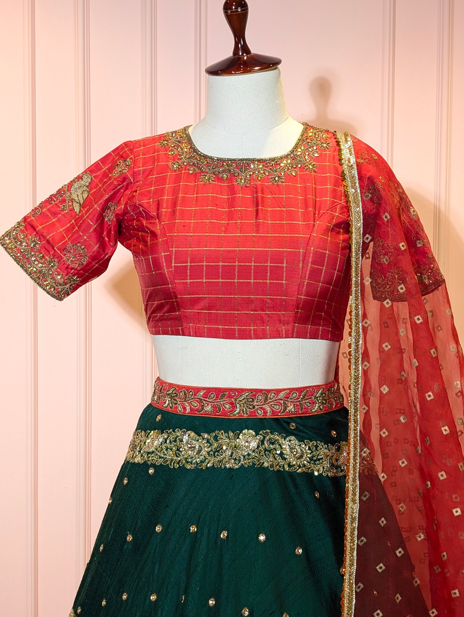 Emerald Green &amp; Red Heavy Embroidered Lehanga Set