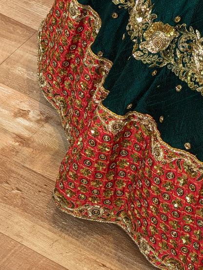 Emerald Green &amp; Red Heavy Embroidered Lehanga Set