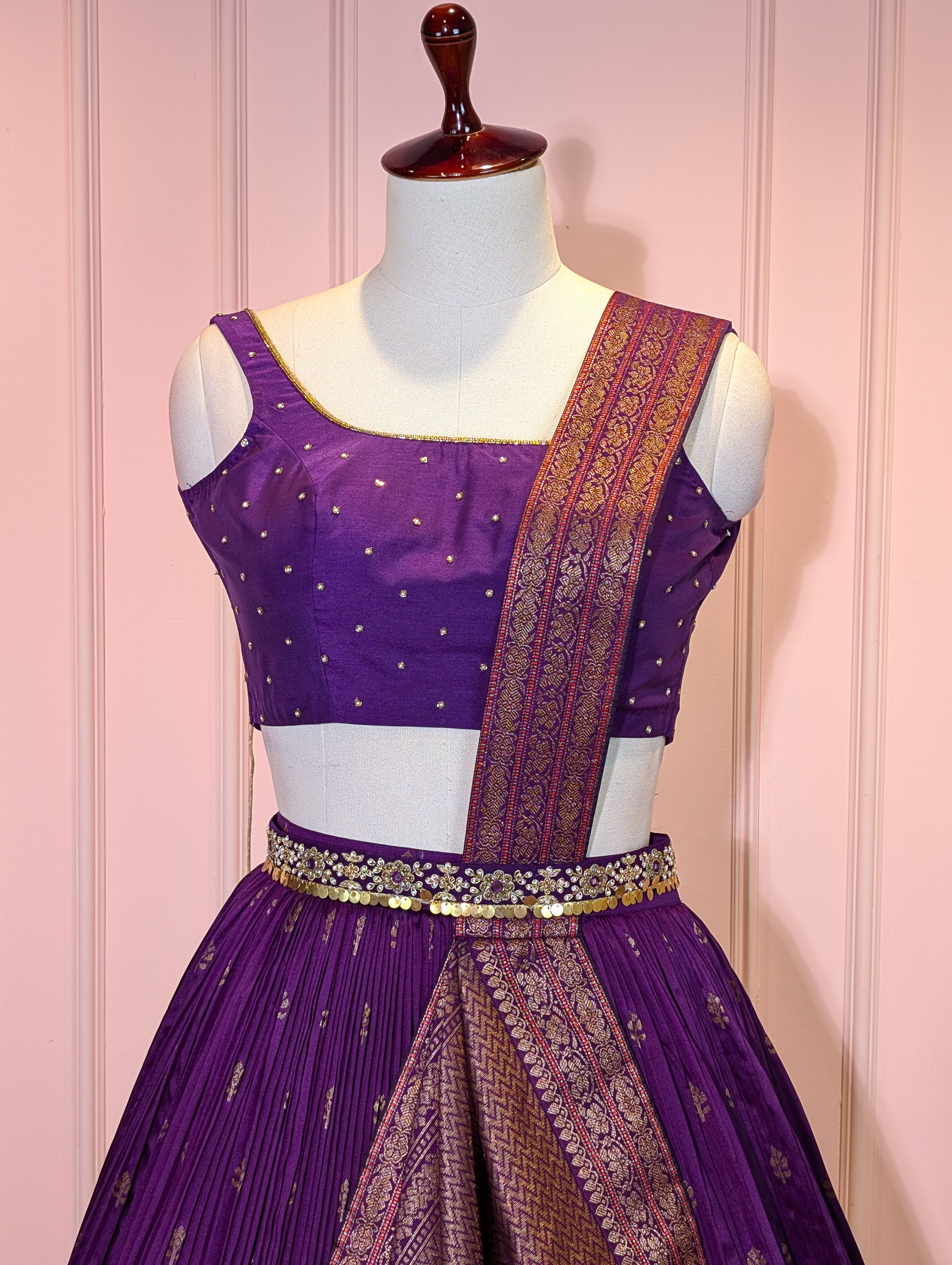 Purple Banarasi Pre Draped Lehenga Set