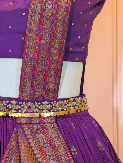 Purple Banarasi Pre Draped Lehenga Set