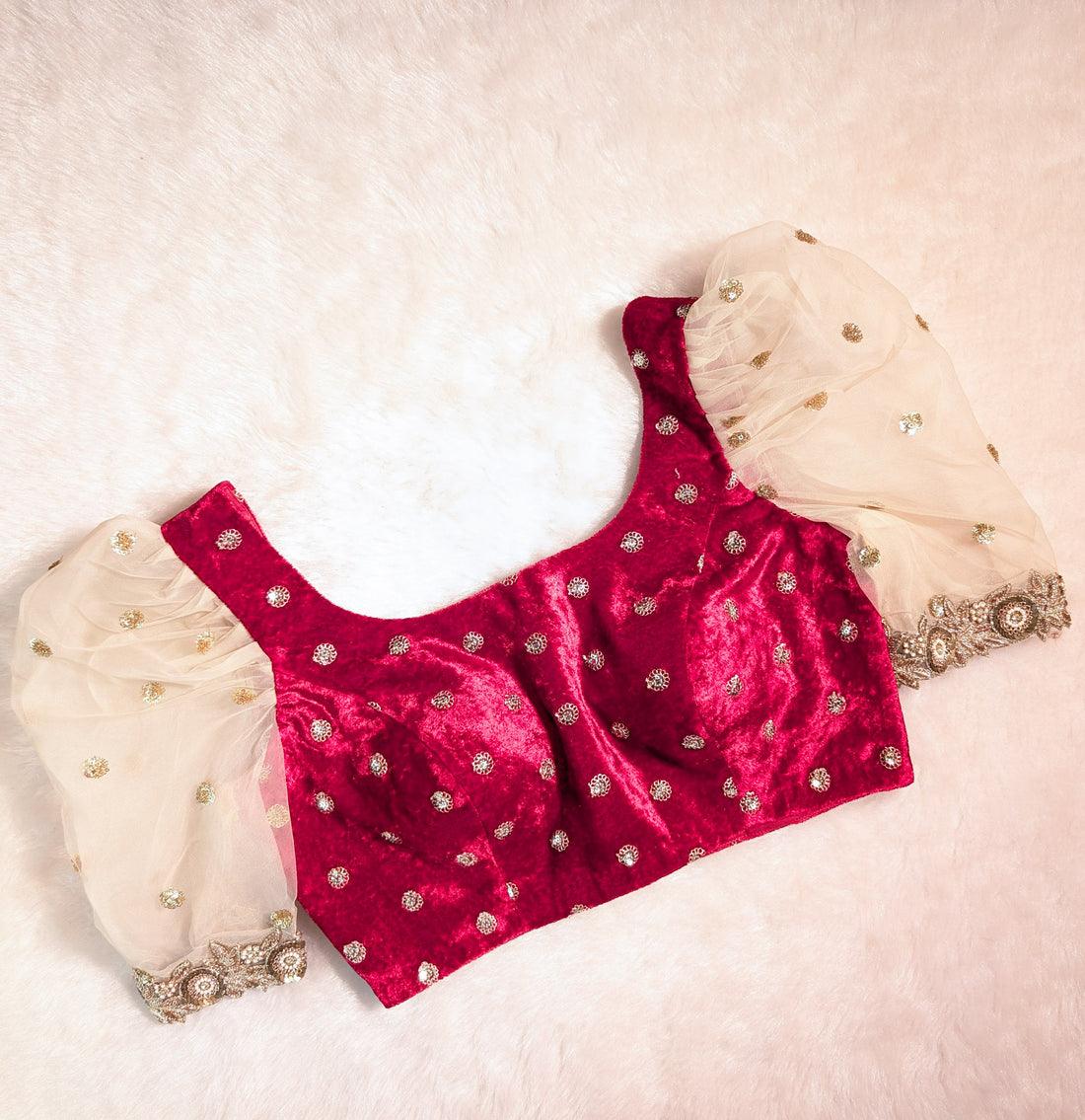Wine Velvet Blouse with Net Puff Sleeves