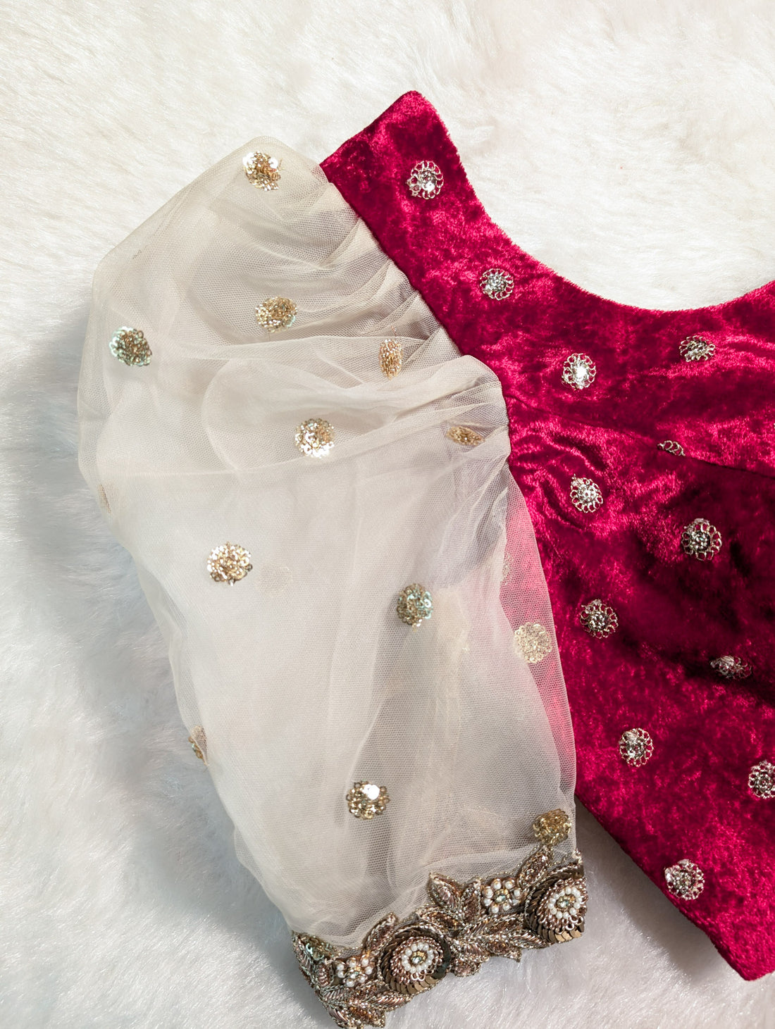 Wine Velvet Blouse with Net Puff Sleeves