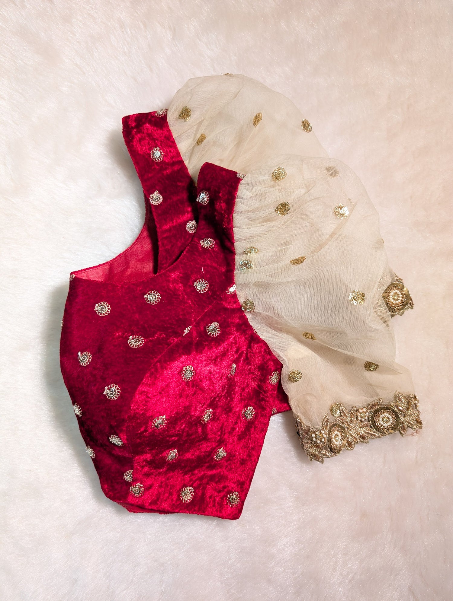 Wine Velvet Blouse with Net Puff Sleeves