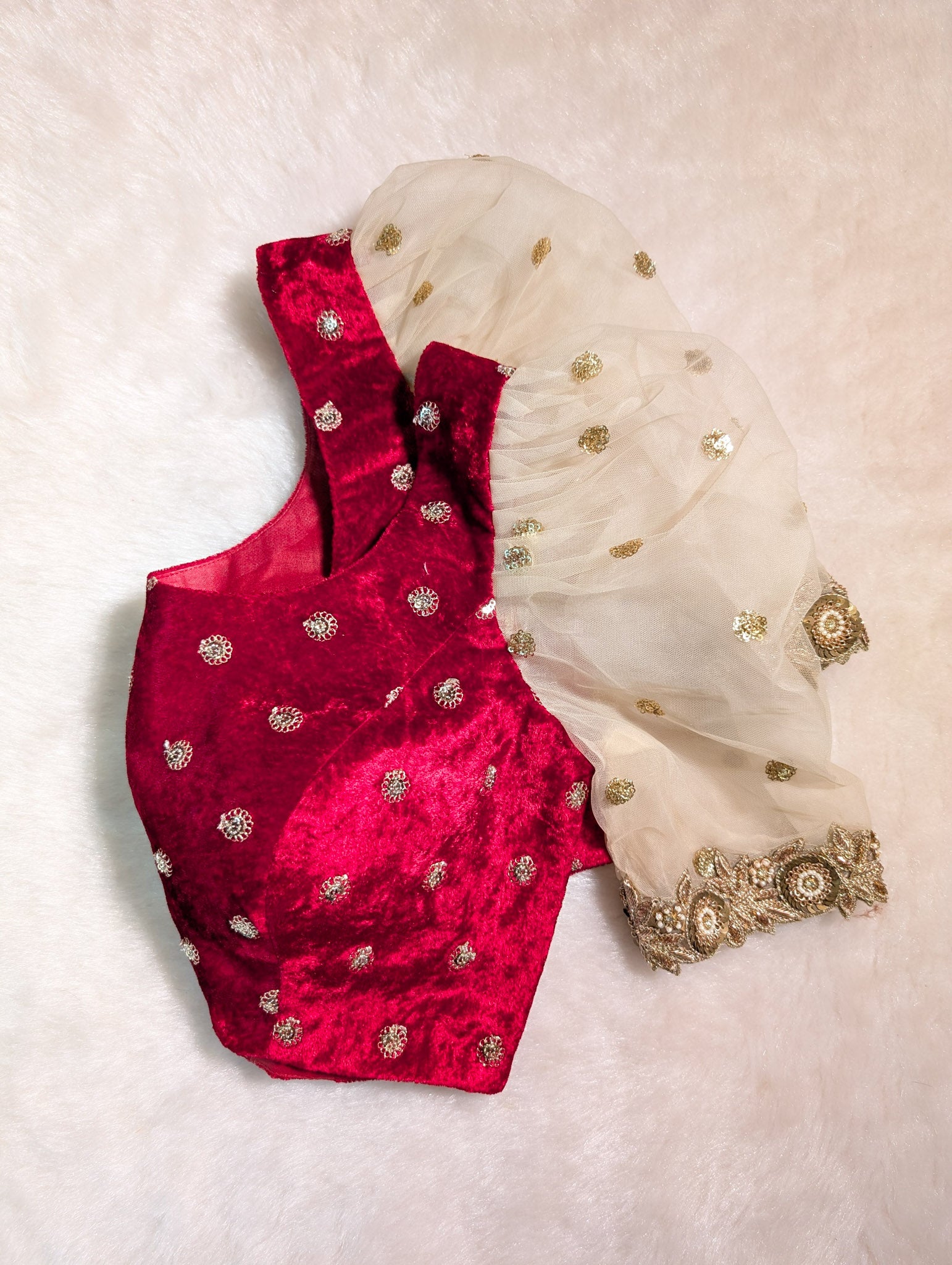 Wine Velvet Blouse with Net Puff Sleeves