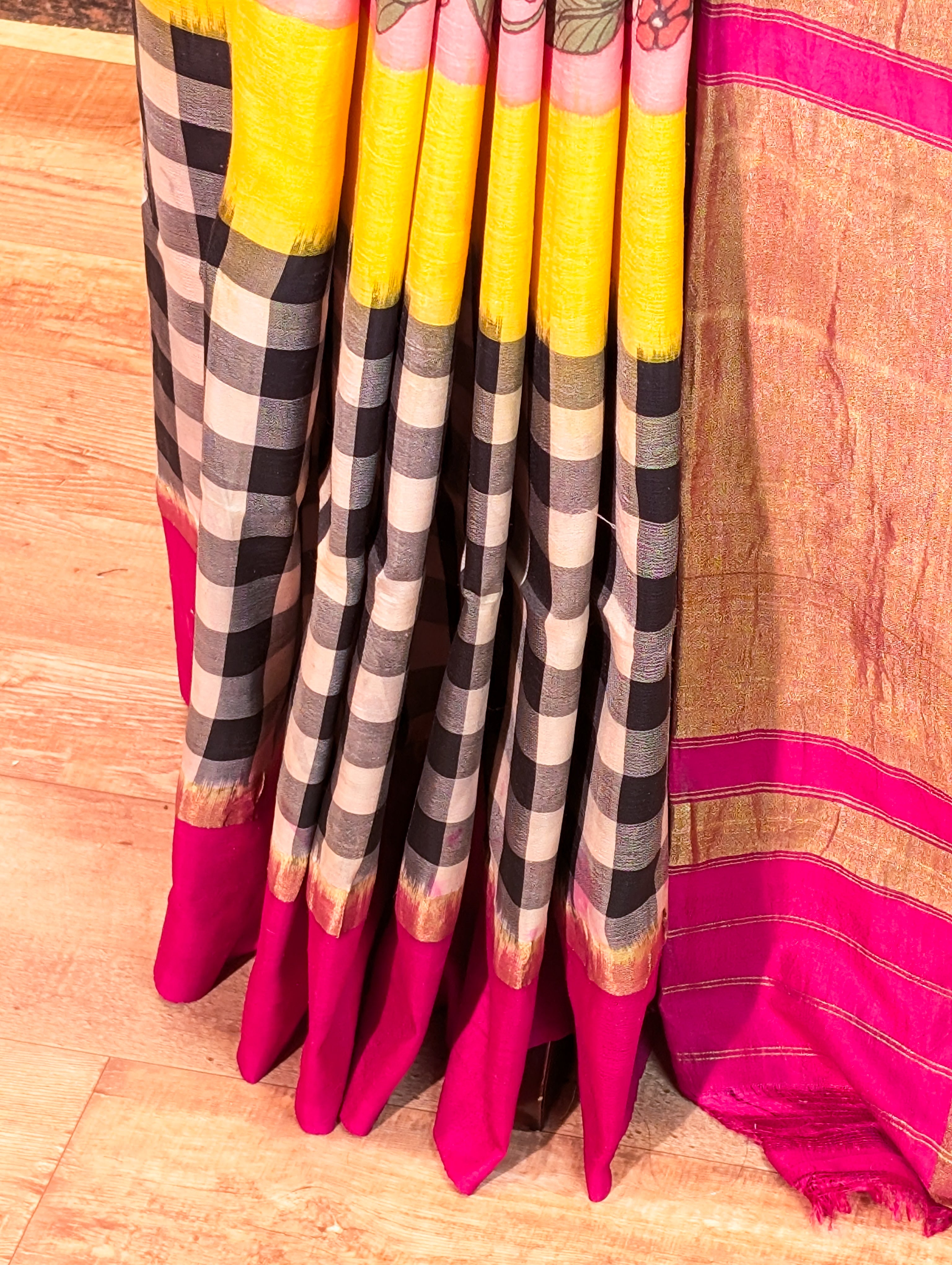 Pure Handloom Ikkat X Pen Kalamkari - Pink &amp; Yellow Checkered Saree