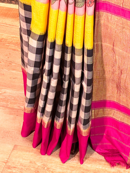 Pure Handloom Ikkat X Pen Kalamkari - Pink &amp; Yellow Checkered Saree