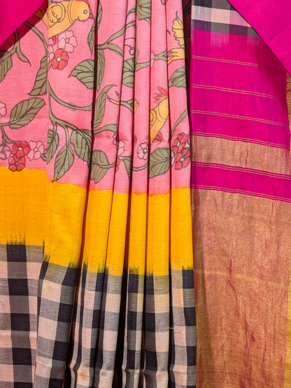Pure Handloom Ikkat X Pen Kalamkari - Pink &amp; Yellow Checkered Saree