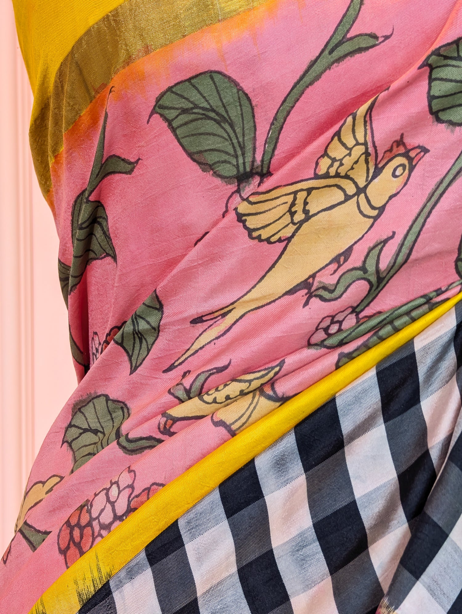Pure Handloom Ikkat X Pen Kalamkari - Pink &amp; Yellow Checkered Saree