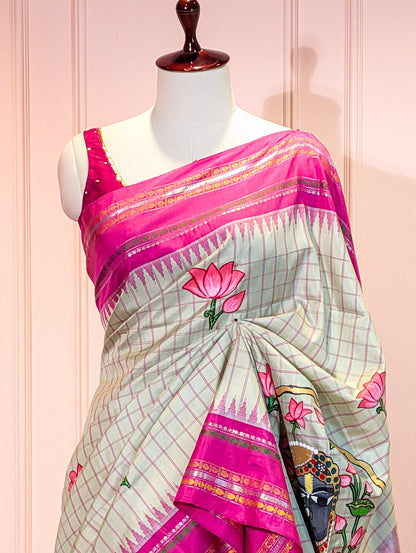 Pure Handloom Gadwal X Hand Painting - Soft Pink &amp; Beige