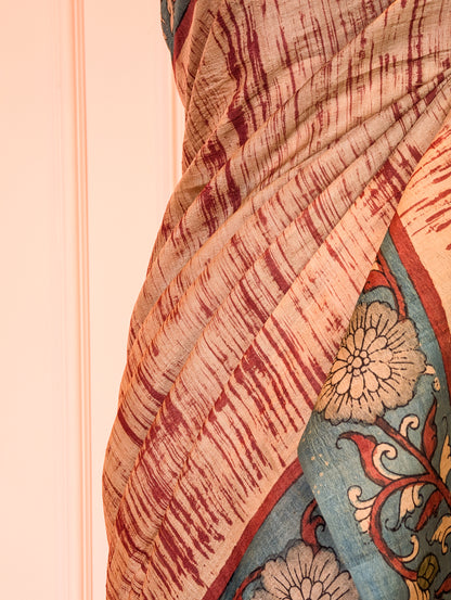 Pure Handloom Tussar with Pen Kalamkari X Ajrak Block