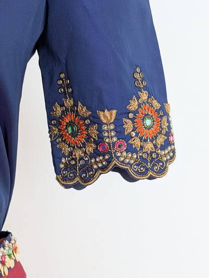 Navy Blue &amp; Pink Silk Lehenga Set