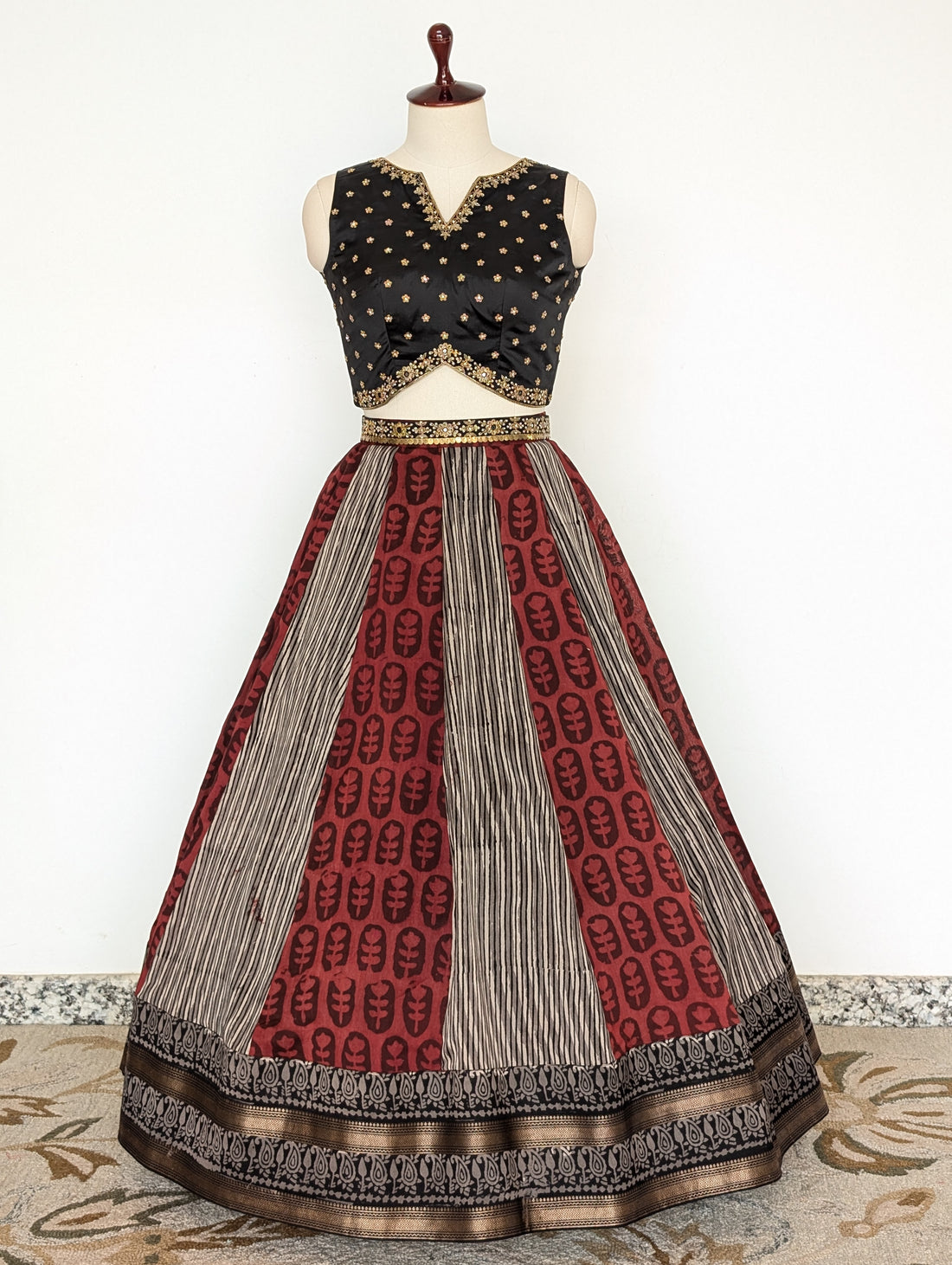 Black &amp; Maroon Printed Lehenga Set with Embroidered Blouse