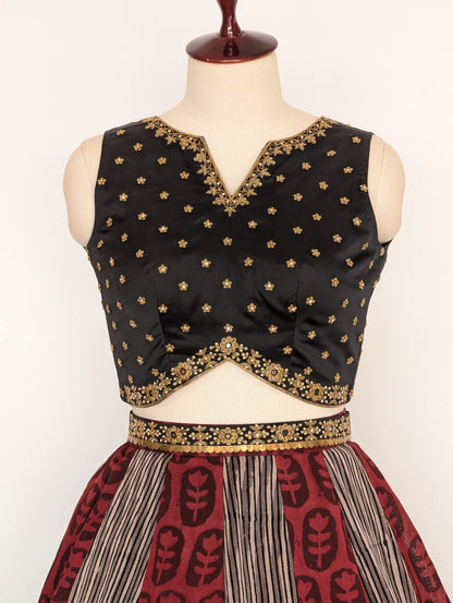 Black &amp; Maroon Printed Lehenga Set with Embroidered Blouse