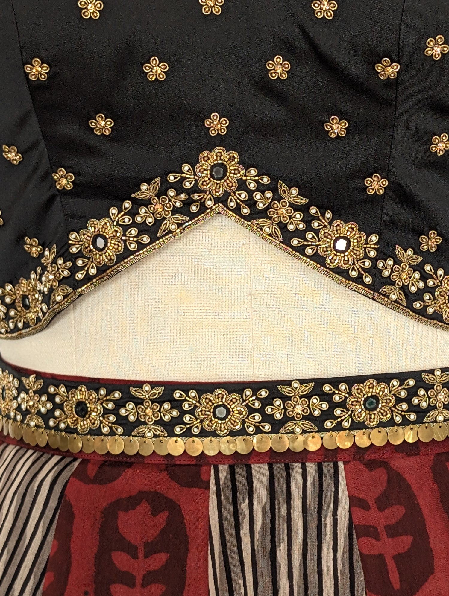 Black &amp; Maroon Printed Lehenga Set with Embroidered Blouse