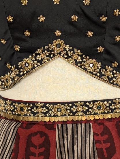 Black &amp; Maroon Printed Lehenga Set with Embroidered Blouse
