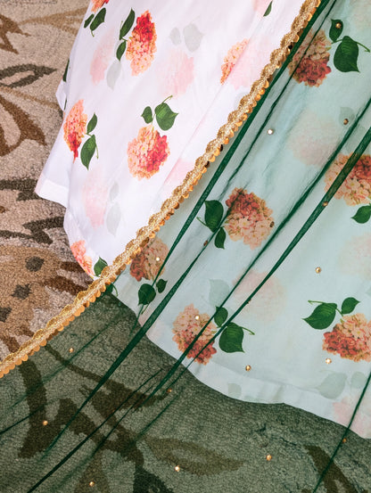 Emerald Green &amp; Floral Printed Lehenga Set