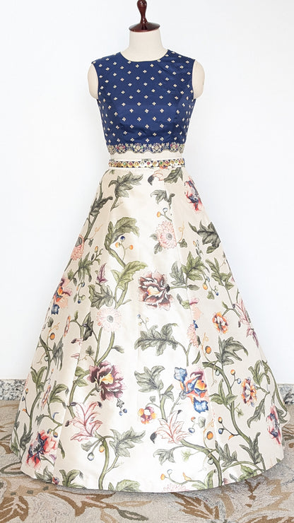 Midnight Blue &amp; Ivory Floral Lehenga Set