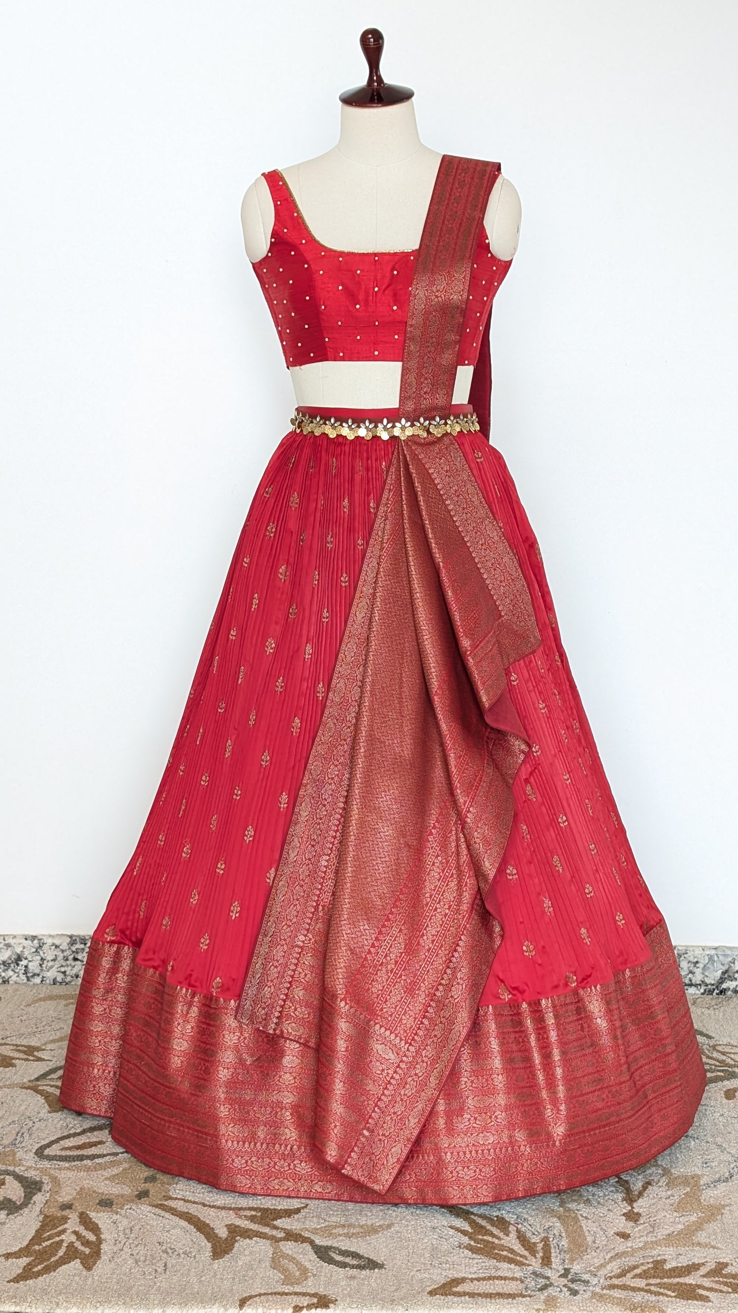 Red Banarasi Pre Draped Lehenga Set