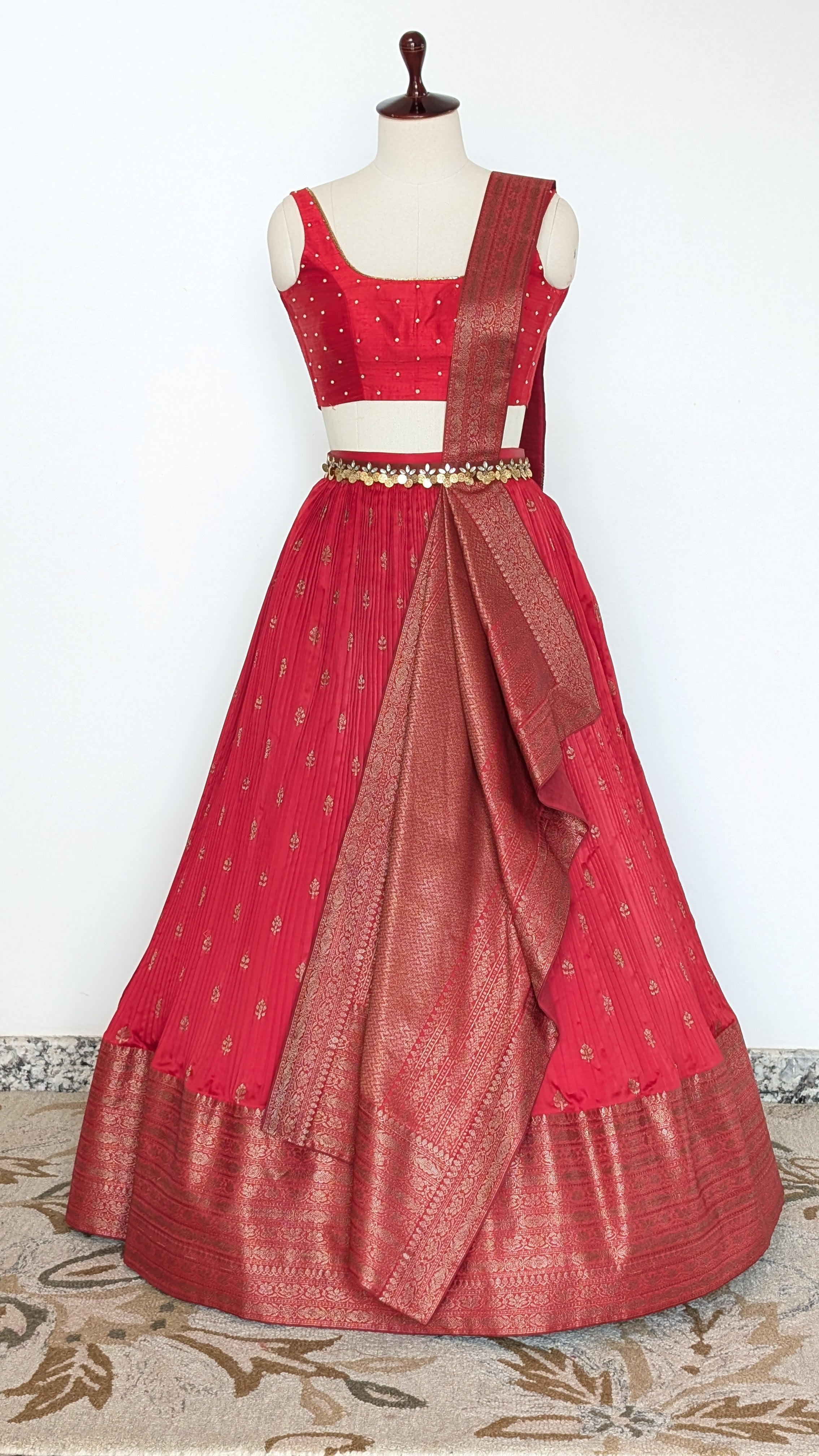 Red Banarasi Pre Draped Lehenga Set