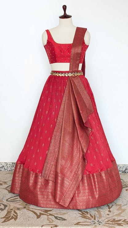 Red Banarasi Pre Draped Lehenga Set