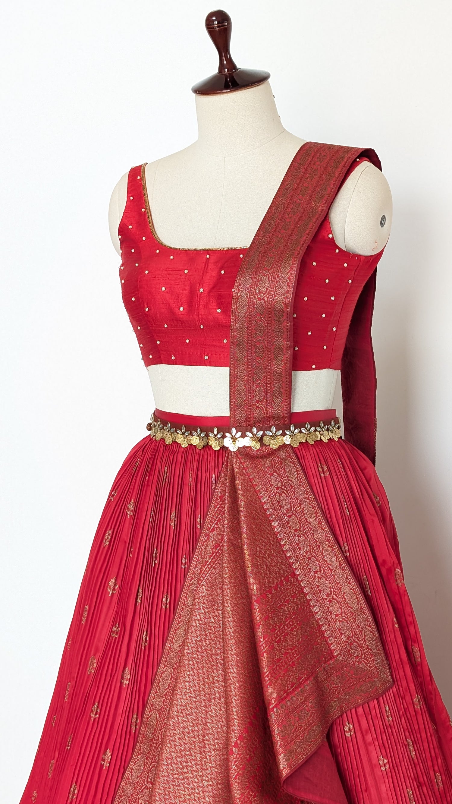 Red Banarasi Pre Draped Lehenga Set
