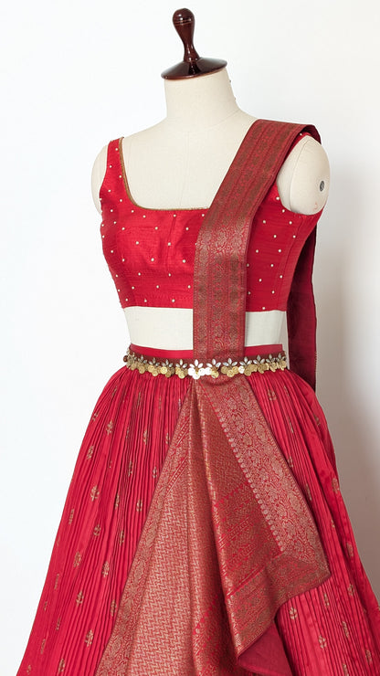 Red Banarasi Pre Draped Lehenga Set