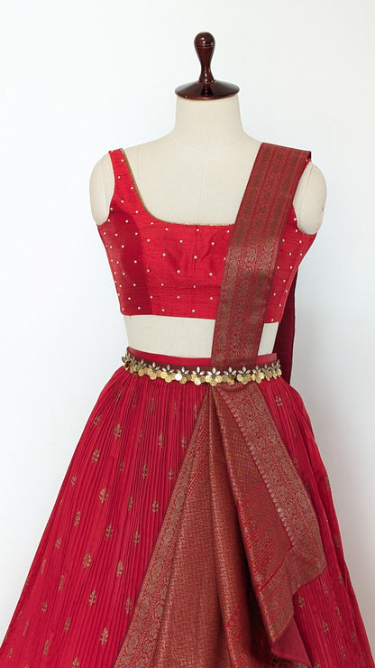 Red Banarasi Pre Draped Lehenga Set