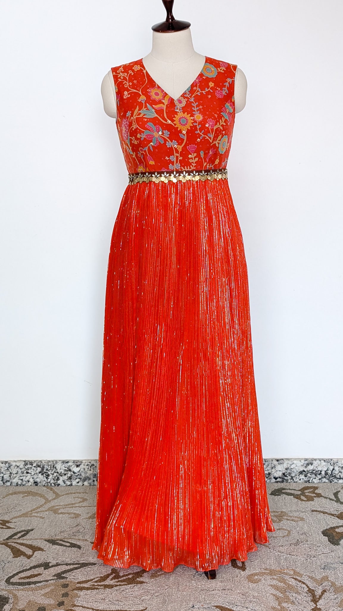 Floral Red Pleated Gown