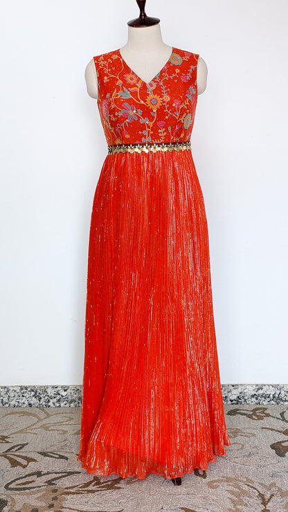 Floral Red Pleated Gown