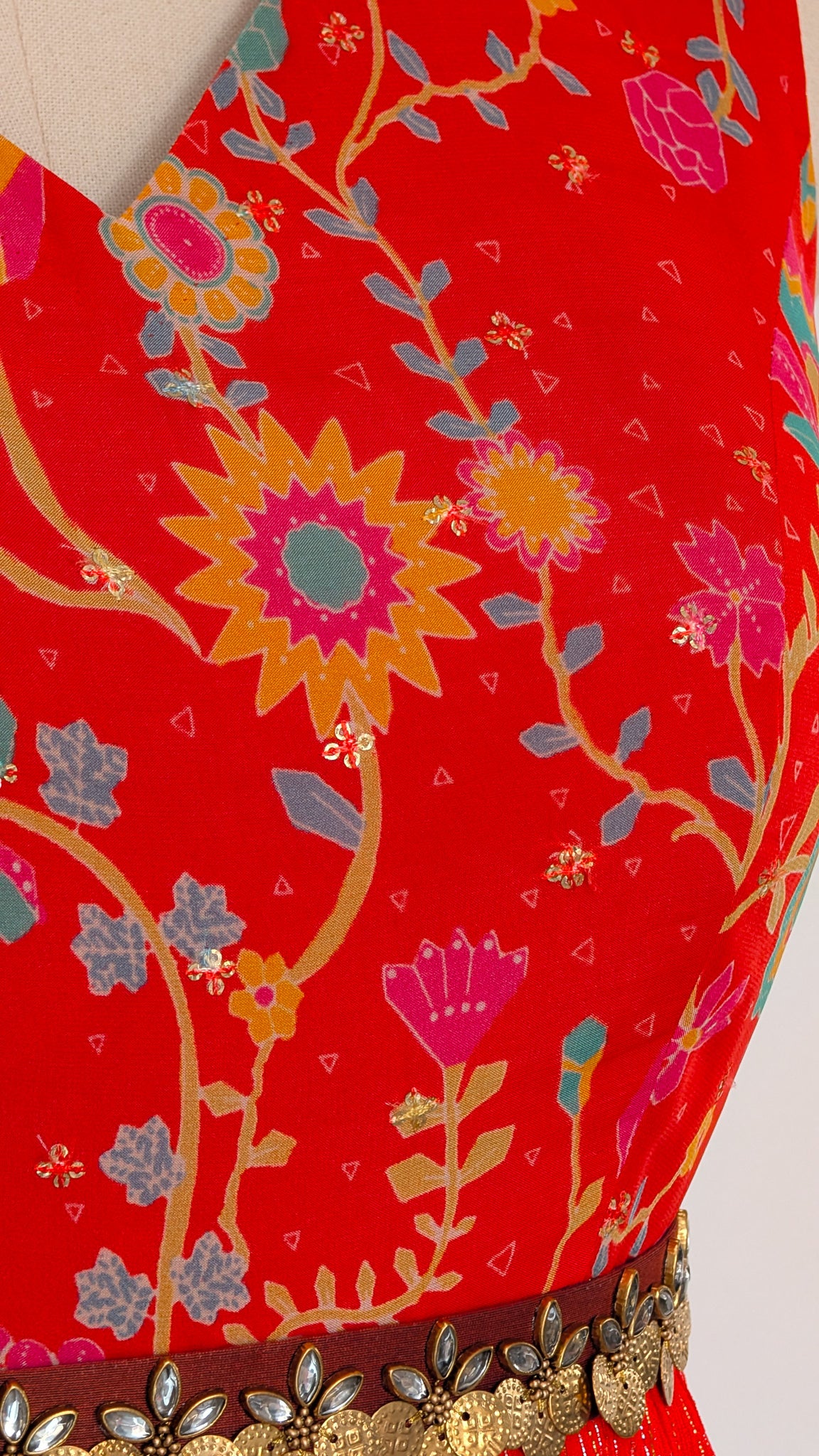 Floral Red Pleated Gown