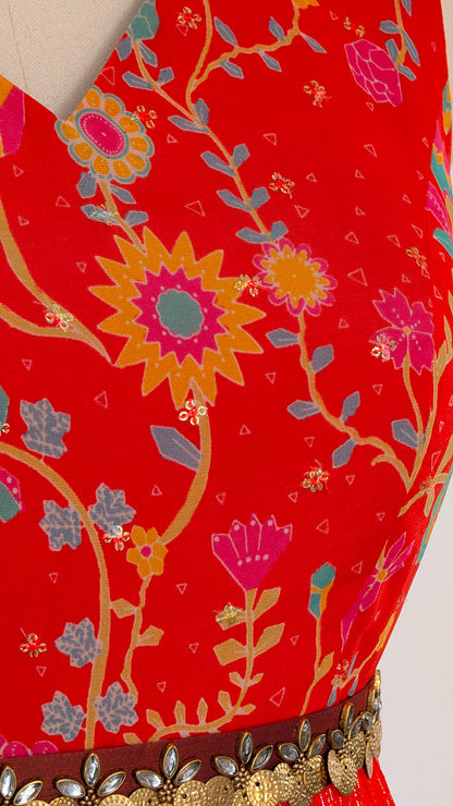 Floral Red Pleated Gown