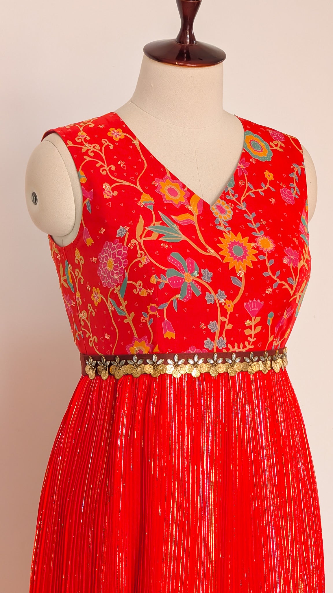 Floral Red Pleated Gown