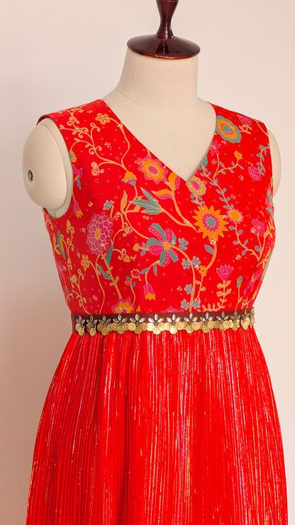 Floral Red Pleated Gown