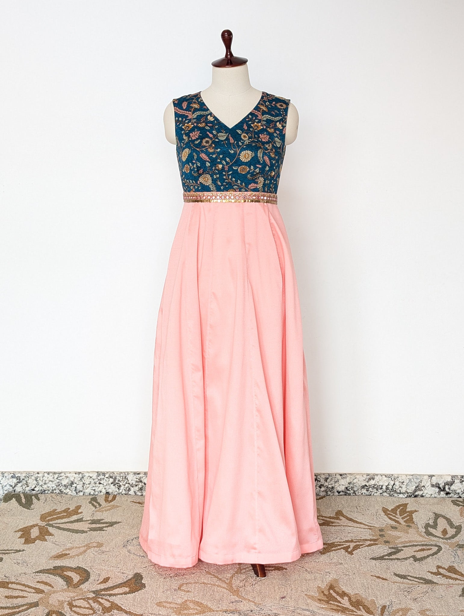 Peach &amp; Blue Floral Anarkali Dress