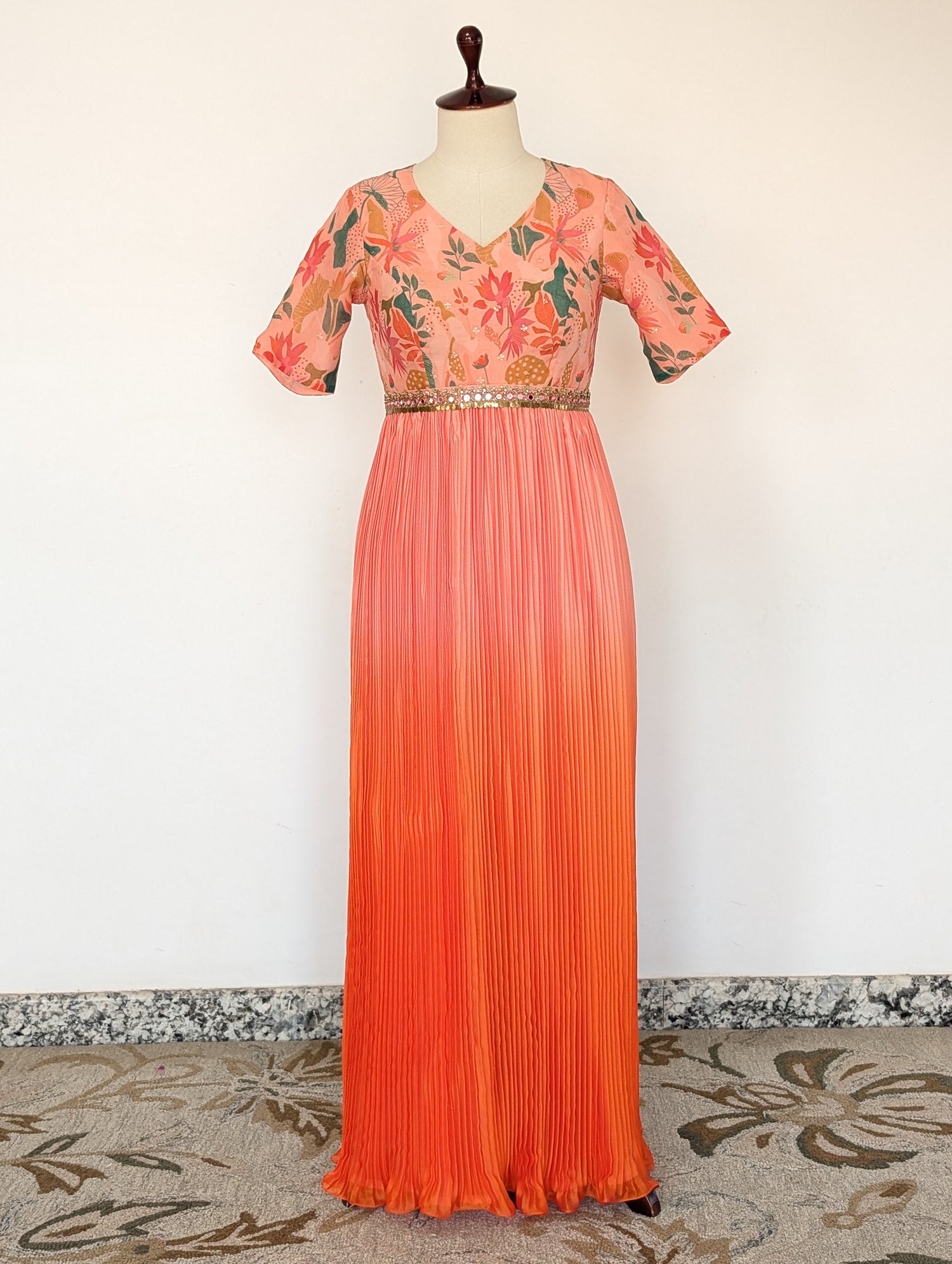 Peach Floral Pleated Anarkali Dress