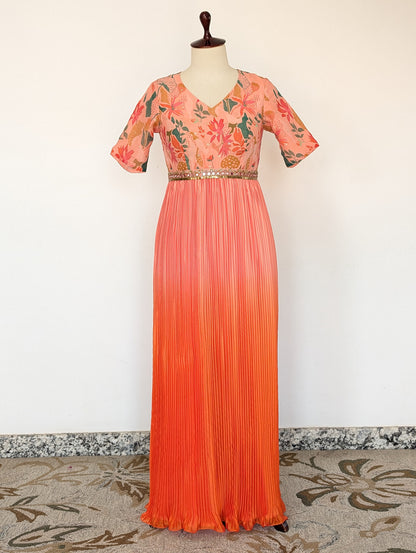 Peach Floral Pleated Anarkali Dress