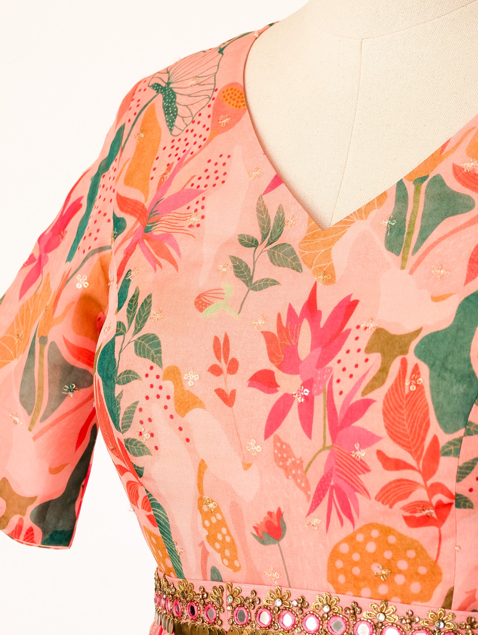 Peach Floral Pleated Anarkali Dress