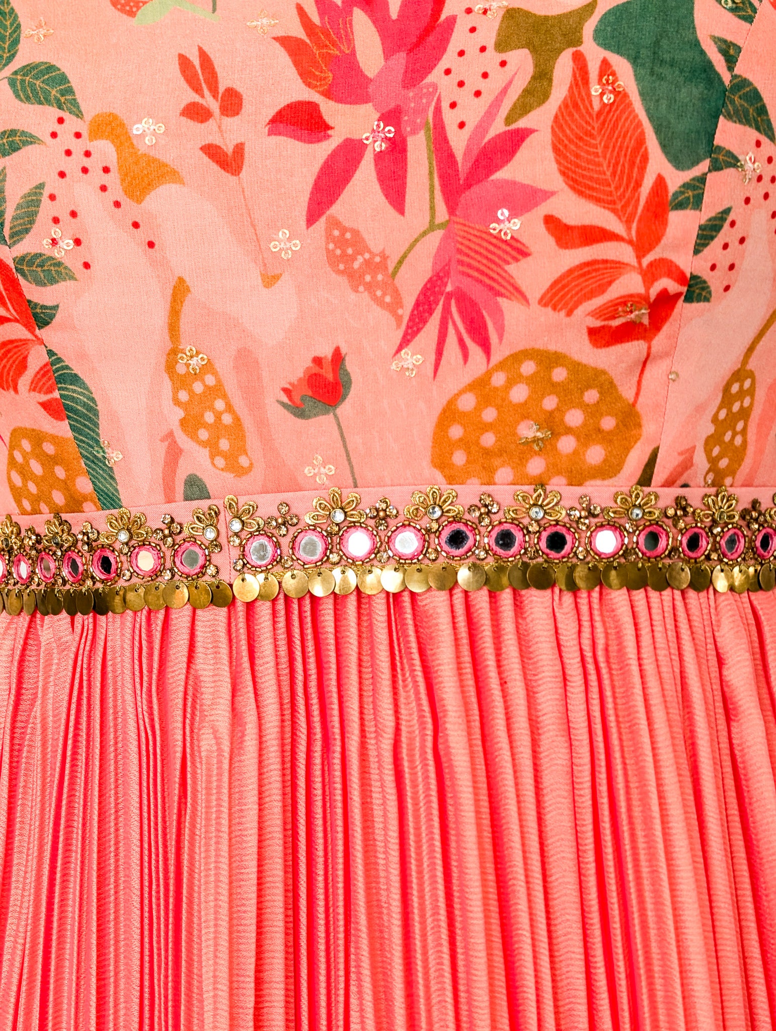 Peach Floral Pleated Anarkali Dress