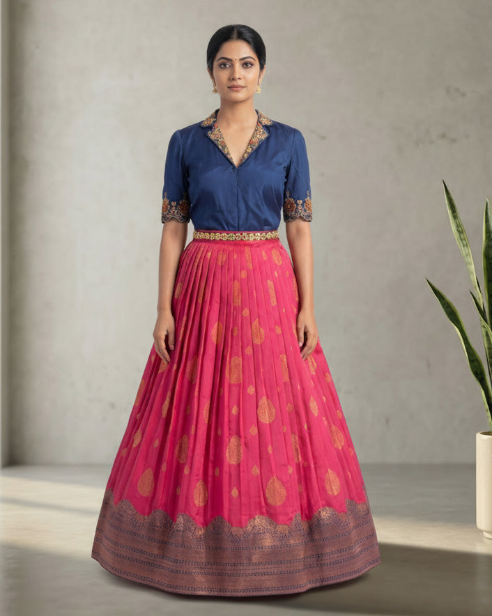 Navy Blue &amp; Pink Silk Lehenga Set