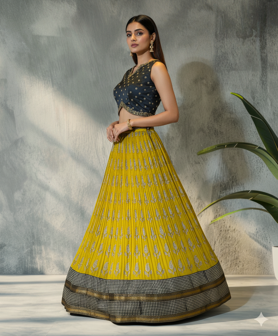 Yellow Printed Lehenga with Black Blouse