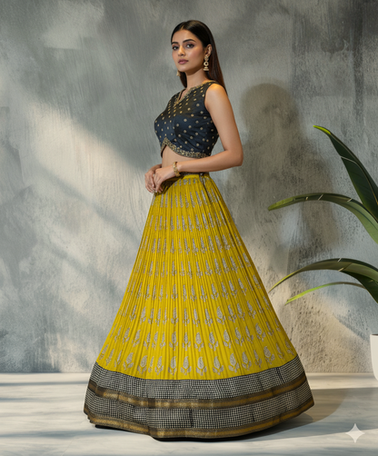 Yellow Printed Lehenga with Black Blouse