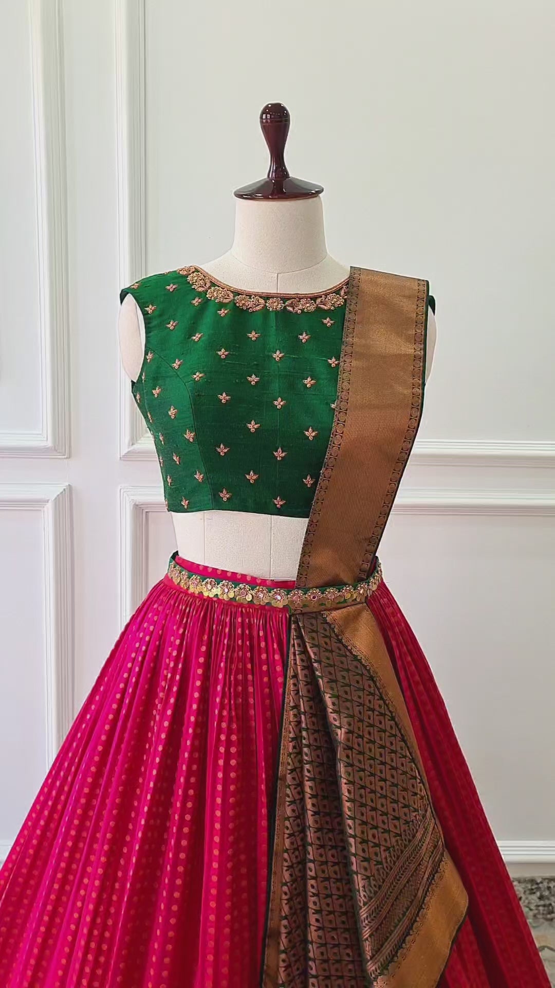 Green & Pink Pre-Draped Lehanga Set