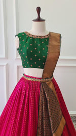Load and play video in Gallery viewer, Sale1036 - Green &amp; Pink Pre-Draped Lehanga Set
