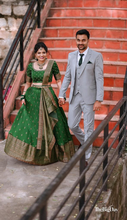 Emerald Green Pre Draped Lehenga Set